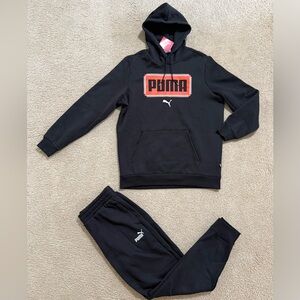 Puma Tracksuit Mens Black Authentic 2 Piece Set Sweatsuit Hoodie & Pants Size L